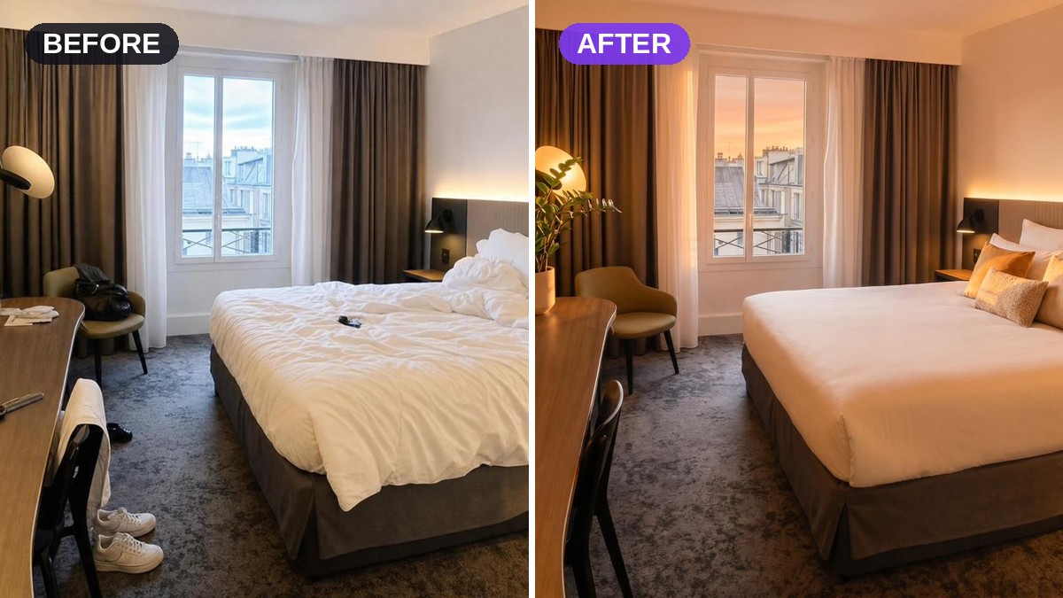 A hotel room before and after professional photography