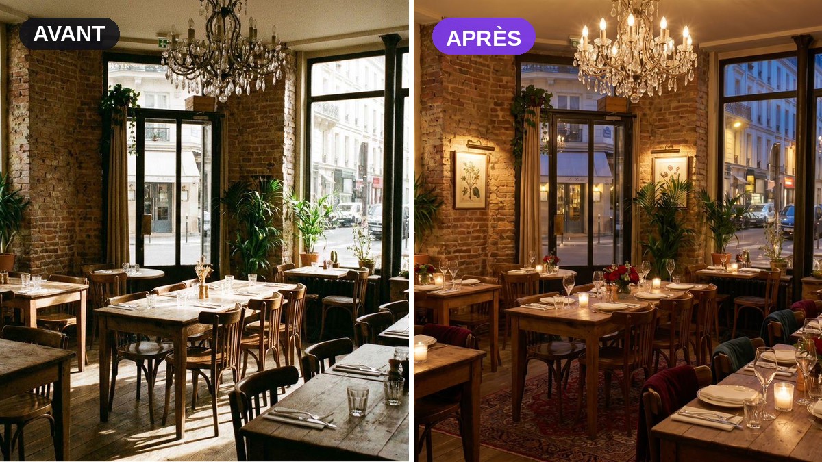 Salle de restaurant avant et après mise en valeur des photos