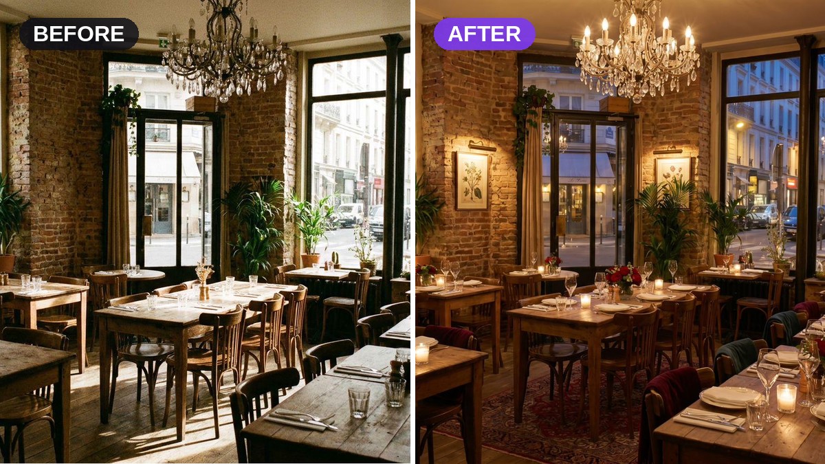 A restaurant dining room before and after photo enhancement